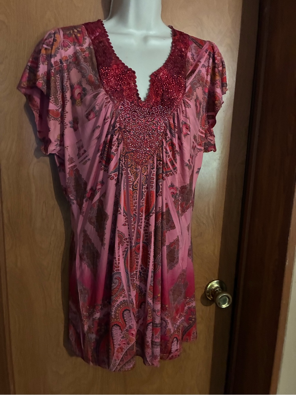 Beaded V-Neck Paisley Pink Women’s Blouse